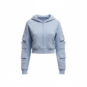 QINSEN Hoodies for Women Oversized Zip Up Cropped Jacket Cargo Pockets